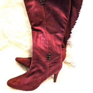 Suede Knee High Boots With Heel, Burgundy, Dark P… - image 1